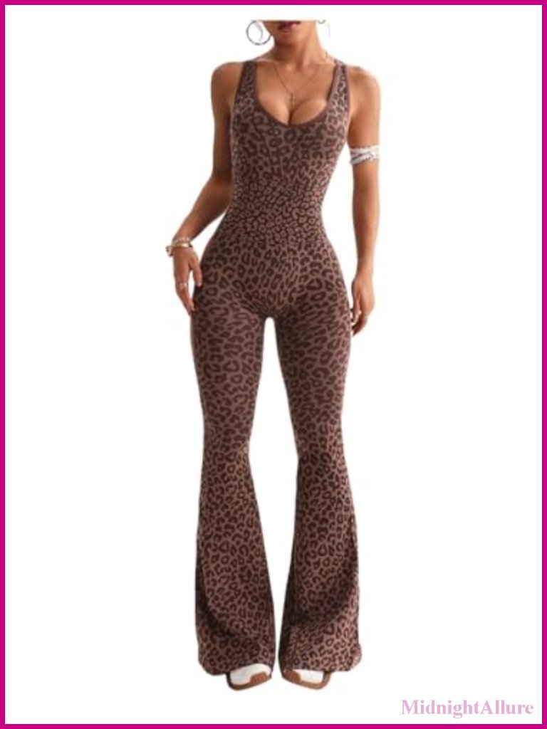 Cheetah Print Workout Jumpsuit Criss Cross Sleeveless Flared Leg Jumpsuit